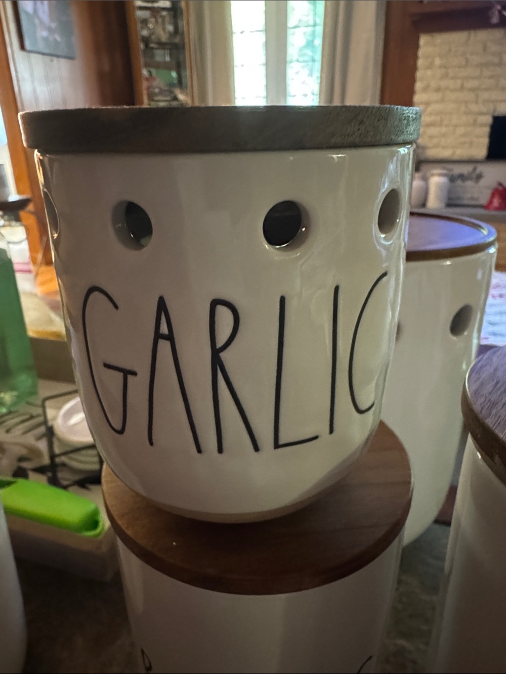 Rae Dunn White Ceramic GARLIC Jar with Wood Lid